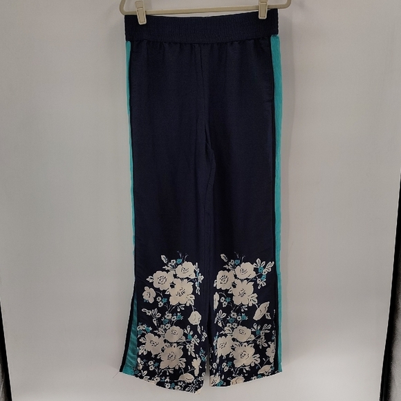 Aerie Split Wide Leg Size Medium Teal Navy And White Floral Stretch Waist Band - Picture 1 of 8